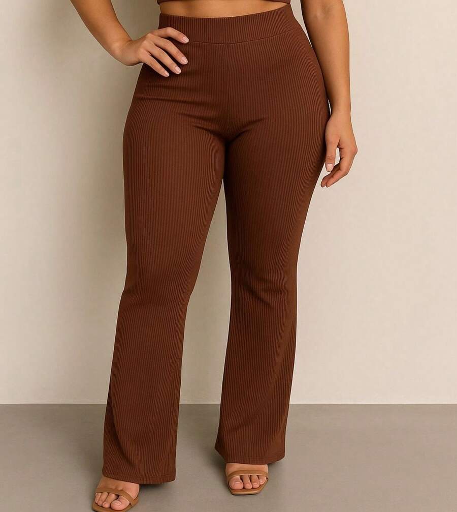 Women's Basic Comfortable Ribbed Flare Pants - Bronce - Ver 1