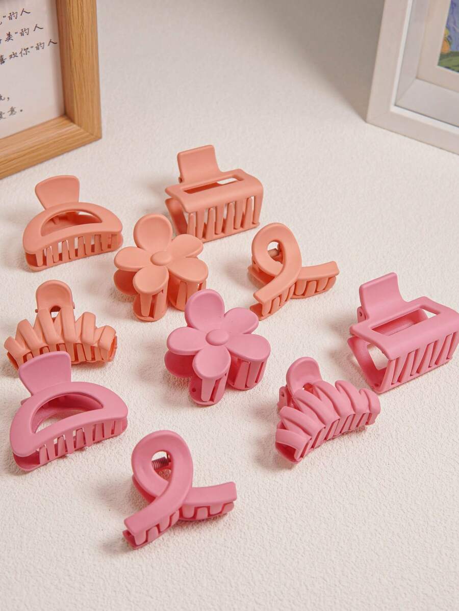 10pcs/5pcs Set Matte Peach & Orange Floral & Geometric Ribbon Hair Claw Clips, Versatile Hairstyle Accessories For Daily, Beach, Holiday, All Seasons
