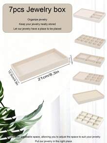 7 pièces Plateau de bijoux en velours beige - avec doublure intérieure douce - Plateau d'affichage rectangulaire multicouche, Présentoir de rangement de bijoux empilable en velours de couleur beige, Plateau de bijoux en matériau velours, Boîte de rangement de bureau rectangulaire à plusieurs compartiments, Empilable, Boîte de rangement de type tiroir pour boucles d'oreilles, bagues, colliers, bracelets et épingles