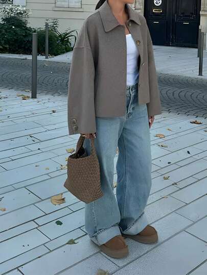 1 件纯色梭织面料口袋前扣女式大衣，日常穿着，秋冬