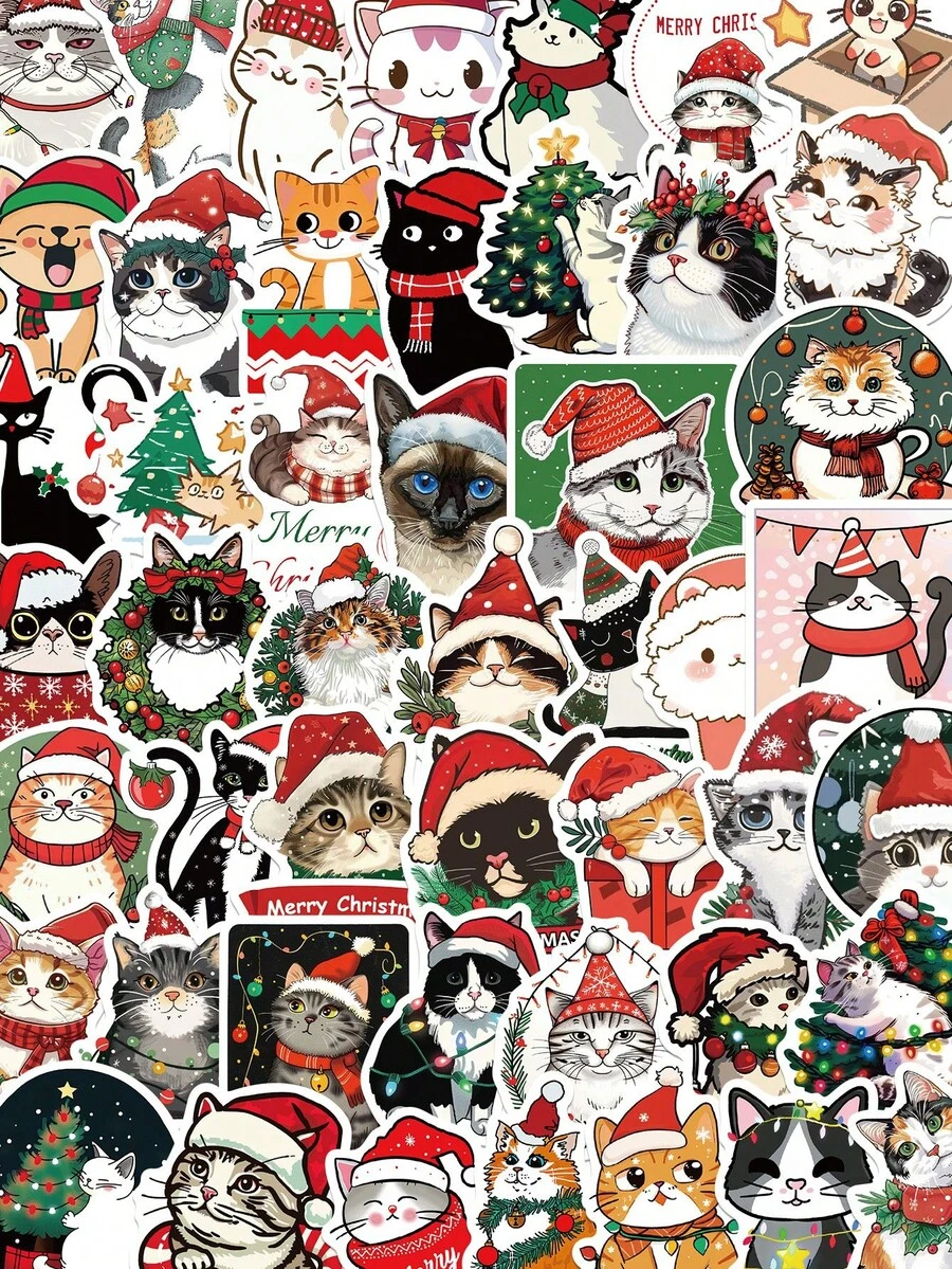 50PCS Cute Christmas Cat Stickers Cartoon Merry Christmas Decals For Water Bottle Phone Scrapbook Stationery Fridge Laptop Sticker Christmas Toy Gifts - Multicolor - View 1