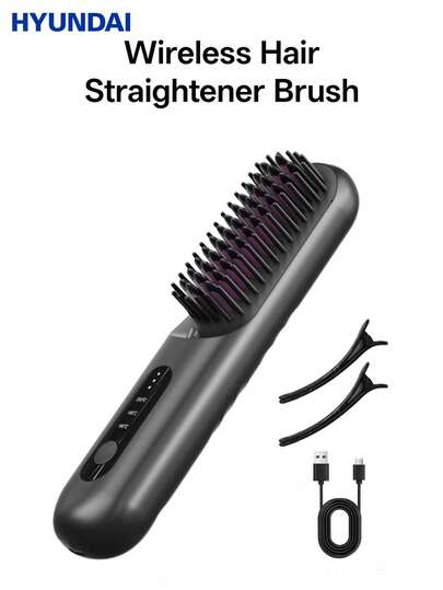 HYUNDAI Hair Straightener Brush Cordless Preheated Hair Straightening Comb Gentle On Hair Effortless Straightening Creates Different Hairstyles For Women Type-C Charging And Lightweight Easy To Carry