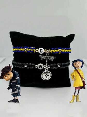 2pcs Geometric Dragonfly Button Letter Geometric Bracelet Set, Woven Resin Metal, Unisex, Suitable For Couples, Friends, Fashion Party, Daily Outfit, Party Accessories