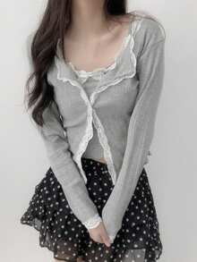 Lace Trim Long Sleeve Top And Camisole Set Spring - Grey - View 5