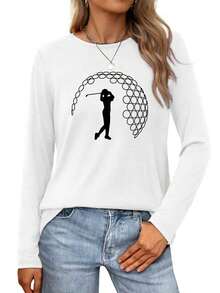 Golf Swing Silhouette With Golf Ball Background DesignWomens Long-Sleeve Crewneck T-Shirt - trắng - Xem 1
