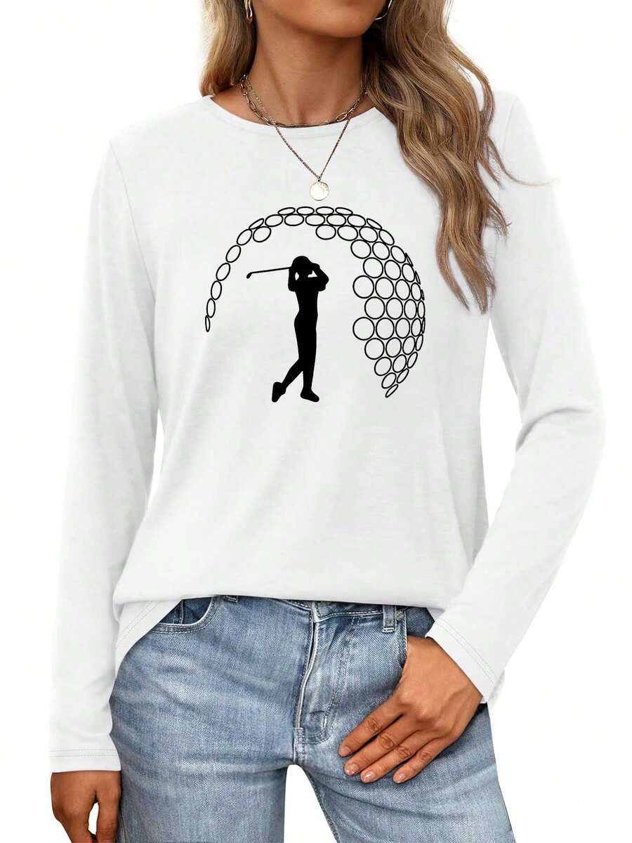 Golf Swing Silhouette With Golf Ball Background DesignWomens Long-Sleeve Crewneck T-Shirt - trắng - Xem 1