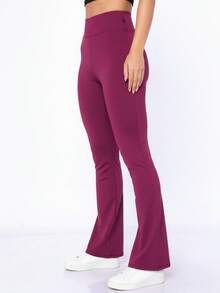 Women's Suplex Flare Pants High Waist Ballerina Bell Bottom Gym Fitness Casual - 酒紅色 - 查看 2