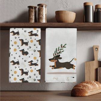 MEMNUN 2pcs Watercolor Cartoon Running Dachshund And Winterberry Print Kitchen Towels, 15.75*23.62in (40*60cm) Super Soft Absorbent Microfiber Dish Towels, Hand Towels, Dish Cloths, Home Decor, Kitchen Decor, Cooking Baking Tea Towels, Cleaning Supplies, Suitable For Restaurant, Kitchen, Holiday Decoration And Gifts, All Season