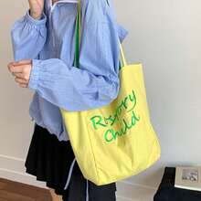 Woman Canvas Bag, Embroidery Letters Double Side Large Capacity Shoulder Bag Handbag For Casual Daily - Yellow - View 3