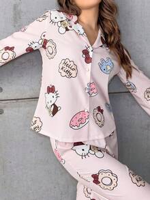 SANRIO 2件套Hello Kitty女士翻领纽扣长袖印花衬衫睡衣+松紧腰长裤可爱睡衣套装，秋冬服装 - 粉色 - 查看 3