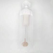 L'VOW Black Vampire Cloak With Lace Collar Women Standinng Collar Long Tulle Cape Gothic Cloak Halloween Witch Cosplaygift - 白色 - 查看 7