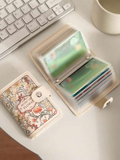 女士花卉油画卡包、信用卡夹钱包 - 多槽设计、按扣开合、紧凑型身份证和驾驶证夹、日常休闲时尚设计、优雅配饰、耐用存储、复古风格多槽银行卡包、身份证包、女士大容量卡夹，万圣节、圣诞节和节日礼物的完美选择