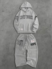 Men Fashionable Street-Style Numeric Print Hoodie And Sweatpants Set, Fall Clothes