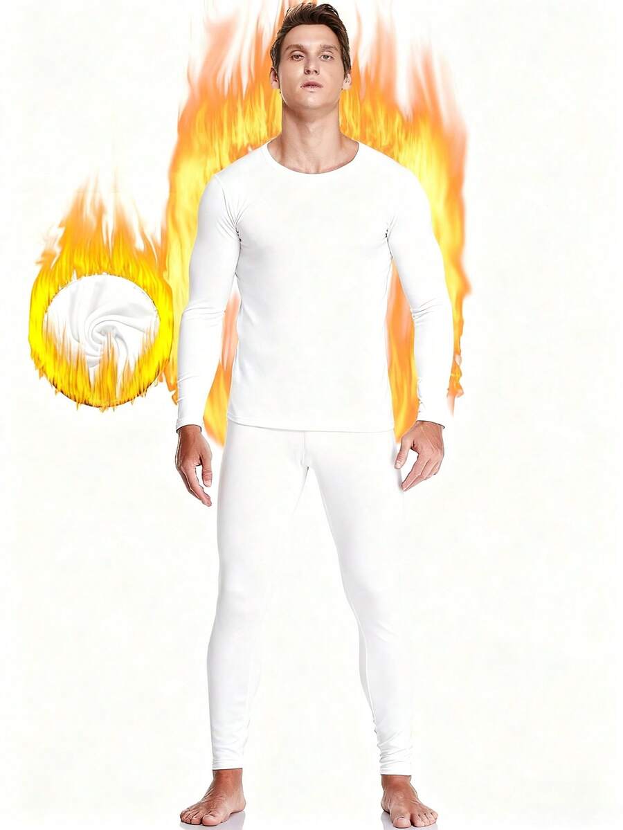 Men's White Fleece Crew Neck Thermal Underwear Set Winter Pajama Set For Cold Weather Outdoor Cold Insulation Warm Base Indoor Comfortable Pajamas Autumn And Winter Gifts - White - View 1