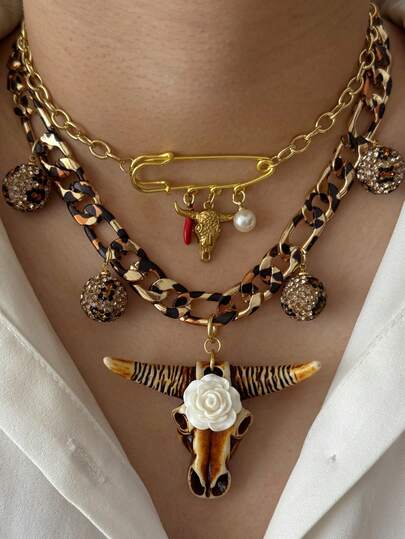 1 pieza Collar ajustable con colgante de cabeza de toro y cuerno vintage, estampado de leopardo, decoración de rhinestone, colgante de bola grande, cadena gruesa, imperdible de , dije de pimiento picante, adecuado para hombres y mujeres, uso diario y reuniones