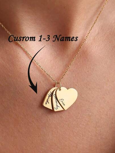 Customized Heart-Shaped Name Pendant, Personalized 1-3 Heart-Shaped Pendant Necklace, Women's Jewelry, Uniquely Engraved 1-3 Different Names, Stainless Steel Silver, Gold Color Heart-Shaped Pendant Necklace, Suitable For Birthday, Valentine's Day, Halloween, Christmas Gifts