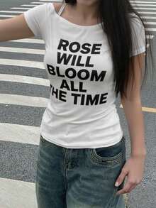 Solid Color Letter Print Oblique Shoulder Short Sleeve Slim Casual Women T-Shirt, Spring/Summer White - White - View 2