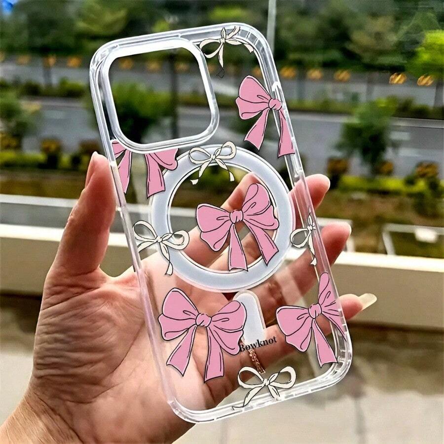 Funda magnética transparente con lazo rosa, bonito diseño, soporta carga inalámbrica, compatible con iPhone17/16E/SE4/16/15/14/12/11 Pro Max Compatible con Samsung S22 S23 S24 S25 y otros modelos - transparente - Ver 1