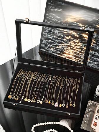 1 件带玻璃盖的项链收纳盒，100 槽黑色天鹅绒首饰盒，适用于戒指、耳环、项链，女士便携式婚礼礼物，周年纪念和派对收纳解决方案，珠宝礼品盒，优雅的设计，天鹅绒衬里，耳环展示，优质材料，时尚配饰，圣诞礼物，万圣节礼物，返校必备品，返校礼物，圣诞必备品