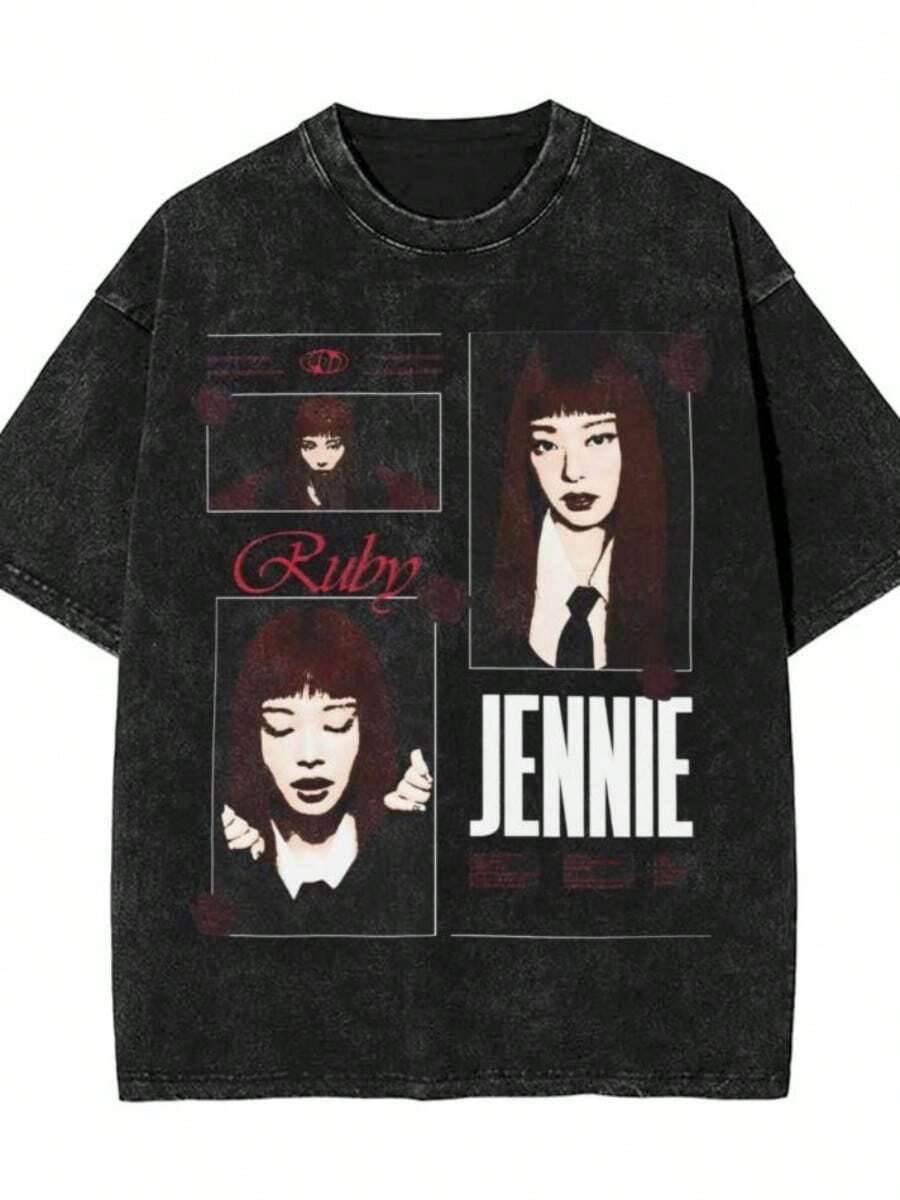 Retro Jennie Ruby T Shirt Beach Streetwear T Shirts Women Men Cotton Popssular Tshirt For Male Short SLEEs Ve Pattern Tops - 黑色 - 查看 1