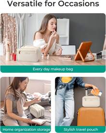 Neceser de viaje de gran capacidad, organizador portátil de maquillaje de gran apertura para mujer, ideal para artículos esenciales de viaje, artículos de tocador, accesorios, botellas y broc - 1 - Ver 8