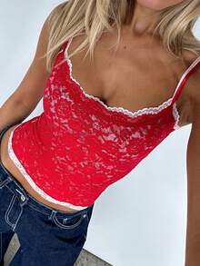 Women Y2k Lace Floral Camisole Patchwork Spaghetti Strap Crop Tank Tops Sleeveless Backless Tank Tops Open Back Going Out Tops Slim Fitted Shirt Basic Tees Club Streetwear Aesthetic Clothes - 紅色 - 查看 2
