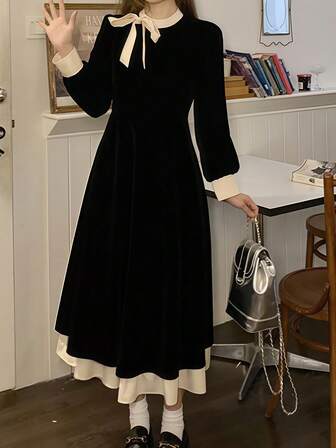 1pc French Elegant & Soft Bowknot Slimming Bodycon Dress, Suitable For Holiday Parties, Performances, COSPLAY Costume