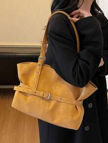 Women's Large Capacity One Shoulder Tote Bag, Strap Decor Retro Bucket Bag, Popular Vintage Solid Color Suede Matte, Suitable For Travel, Shopping, Commuting, Versatile