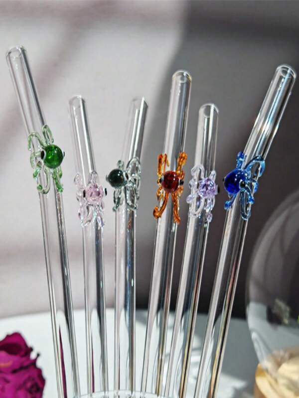 2PCS Limited Edition Colorful Octopus Glass Straws (Blue/Brown/Purple/Pink/Gray/Green) | Halloween & Christmas Ocean Theme | Food- Reusable Glass With Cleaning Brush | Perfect For Weddings/Parties/520 Celebrations | Essential For Coffee Shops/Themed Restaurants/High-End Drink Bars/Kitchens/Outdoor Travel/Beach Activities