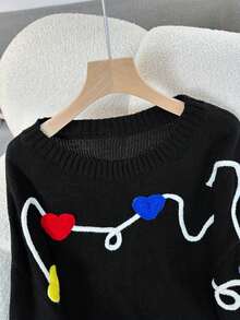 Plus Size Round-Neck Long-Sleeved Patterned Simple And Casual Pullover Sweater With Details [Back-To-School Season]