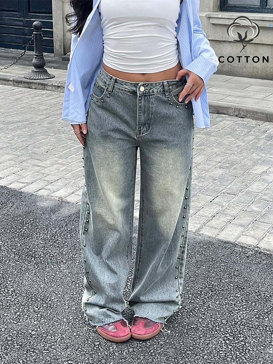 Jeans rectos y sueltos con adornos de strass, estilo vintage casual para mujer, moda europea y americana de comercio transfronterizo - Lavado ligero - Ver 1