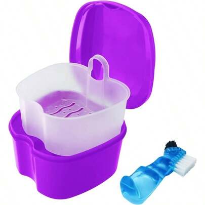 Colorful Denture Bath With Brush, Denture Cup Soaking Holder False Teeth Container Mouth Guard Storage Cleaning With Lid Waterproof - Purple