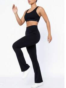 Women's Suplex Flare Pants High Waist Ballerina Bell Bottom Gym Fitness Casual - 黑色 - 查看 6