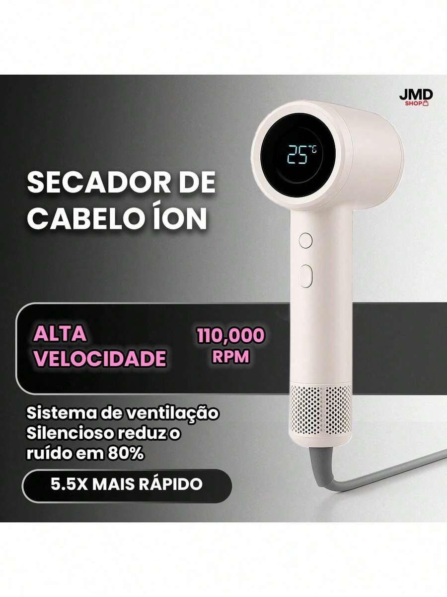 Secador de Cabelo Alta Velocidade 110000rpm Íon Potente Silencioso - Branco - Visão 1