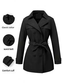 Risissida Women's Double-Breasted Trench Coat, Suitable For Commuting & Casual Wear, Solid Color Design, Fashion & Versatile For Spring & Autumn - Black - View 1