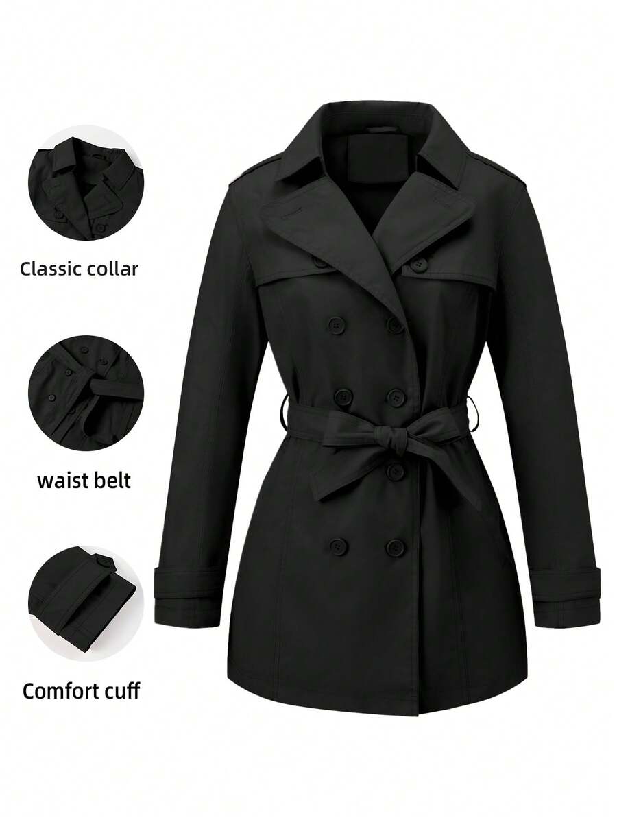 Risissida Women's Double-Breasted Trench Coat, Suitable For Commuting & Casual Wear, Solid Color Design, Fashion & Versatile For Spring & Autumn - Black - View 1