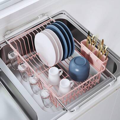 JASIWAY Dish Drying Rack In Sink, Expandable Stainless Steel Dish Drainer For Kitchen Sink, Dish Strainer Rack, Retractable Over Sink Dish Rack With Utensil Holder, 13.1''~16.6''x 11.8''W, Silver