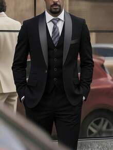 Men's Suit,An Elegant Men's 3-Piece Suit, Including A Shawl-Collar Suit Jacket, A Waistcoat, And Matching Dress Pants. It Functions As Both A Wedding Suit And A Solid-Color Business Casual Suit, Featuring A Formal Suit Set With A Simple And Sleek Design,Suitable For Wearing In Scenarios Such As Daily Leisure, Holiday Events, Business Occasions, Weddings, Dances, And Commuting To Work. It Is Also An Excellent Gift For Boyfriends Or Husbands. - 黑色 - 查看 1