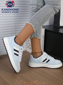 1 Pair Women's Non-Slip, Durable, Lightweight, Fashionable Casual White Sneakers, Outdoor Lace-Up Patchwork Flat Shoes For Indoor & Outdoor Wear