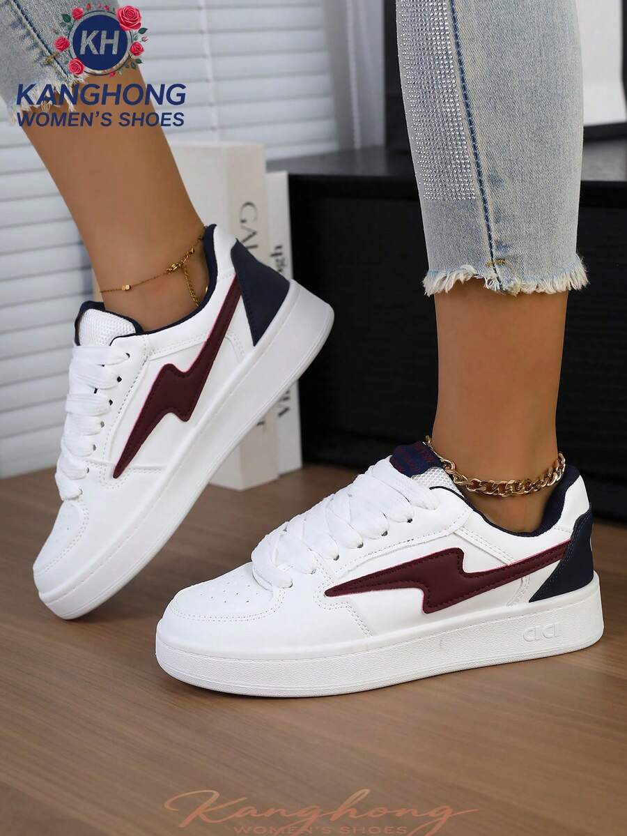 New Women Casual Anti-Slip Lightweight Fashion Casual White Sneakers, Lace-Up Patchwork Outdoor Casual Shoes