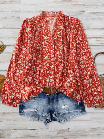 Women's Daily Commute Printed V-Neck Elastic Cuff Blouse