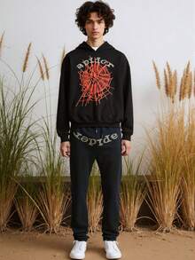 Spider Web Print Hoodie Outfit - Long-Sleeve Hooded Sweatshirt & Drawstring Pants, Ideal For Weekend Picnics, Street Style Or Loungewear - màu đen - Xem 7