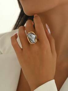 1pc Chunky Jewelry French Elegant Baroque Faux Pearl Asymmetrical Shaped Ring, Multi-Color Options, Vintage Alloy Rings, Fashion Accessory For Women, Adjustable Open Ring Size - Multicolor - View 5