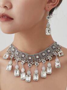 3pcs Exaggerated Square Geometric Necklace Set, Minimalist Luxury Necklace And Earrings Jewelry Set For Women - Rectangular Necklace - View 1