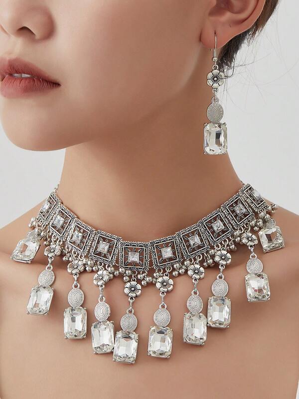 3pcs/Set Exaggerated Square Geometric Necklace & Earrings Jewelry Set, Luxury Minimalist Necklace For Women