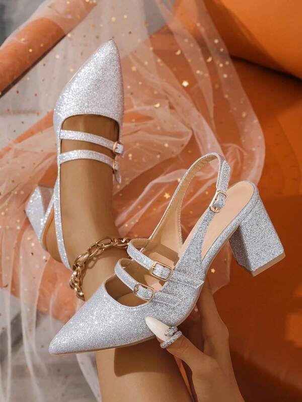 Salto alto grosso, sexy, prateado, com fivela dupla, versátil, costas abertas, feminino, scarpin