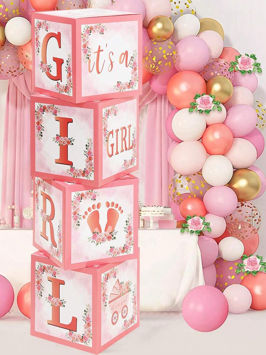 4 pezzi Scatola decorativa con palloncini per festa di nascita di bambina, decorazione elegante a tema floreale rosa per la stanza della festa di nascità, decorazione per festa di rivelazione del sesso, sfondo fotografico per festa di nascità, raffinata scatola decorativa floreale rosa, decorazione per il 1° compleanno