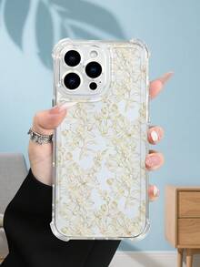 1PC Funda de teléfono con diseño floral dorado estilo minimalista elegante y funcional: funda transparente anticaídas, compatible con iPhone16/15/14/13/12/11/XS/XR/X/PLUS/PRO/PROMAX, agarre cómodo, regalo perfecto para amigos, novia, novio, familiares - transparente - Ver 4