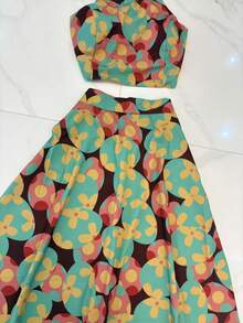 2-Piece Set Of Top And Short Skirt For Women, Top With Padding, Skirt Has Elastic - 酒紅色 - 查看 3