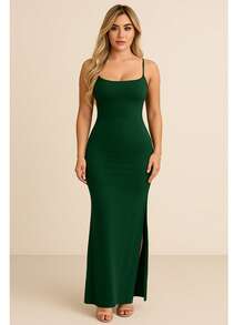 Women's Elegant Casual Long Dress In Ribbed Knit With Side Slits - màu xanh lá - Xem 1